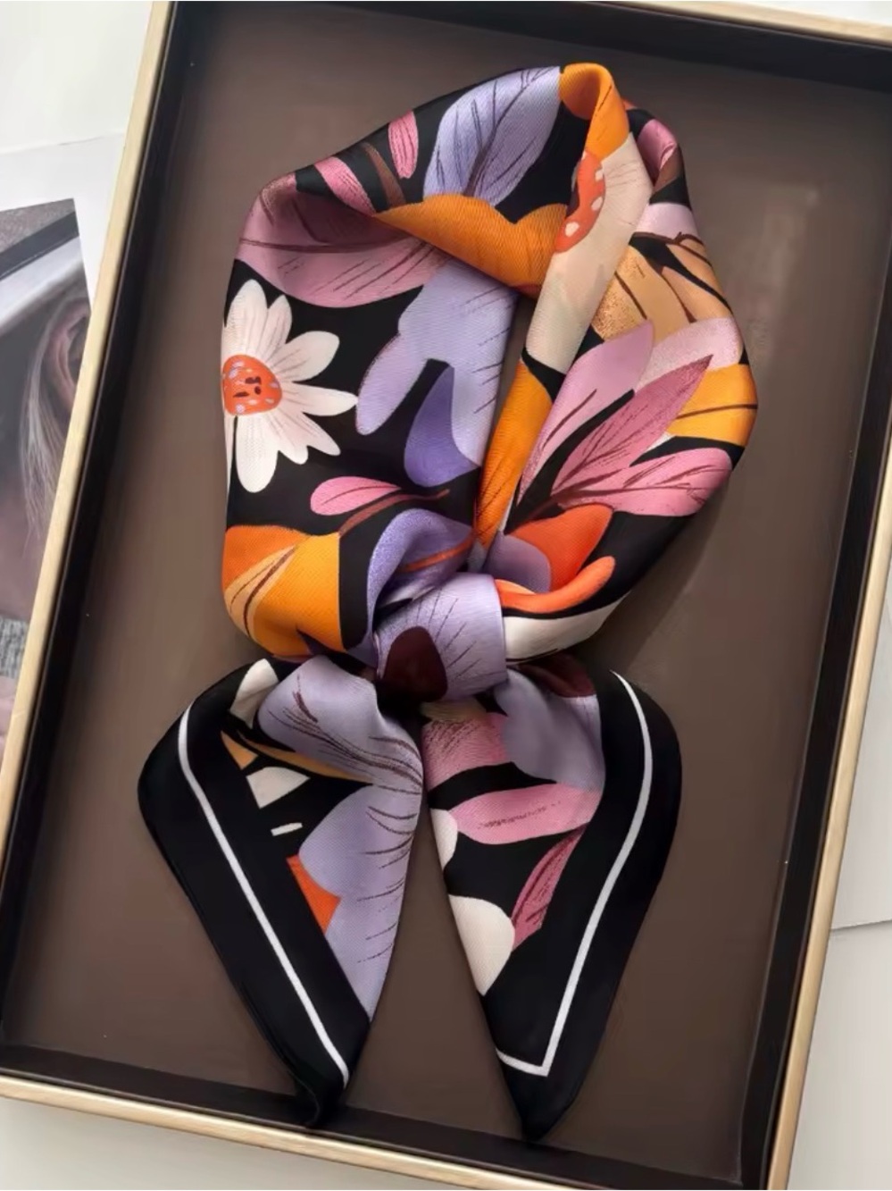 Floral Satin Neck Scarf in Black, Purple & Orange 27.5”